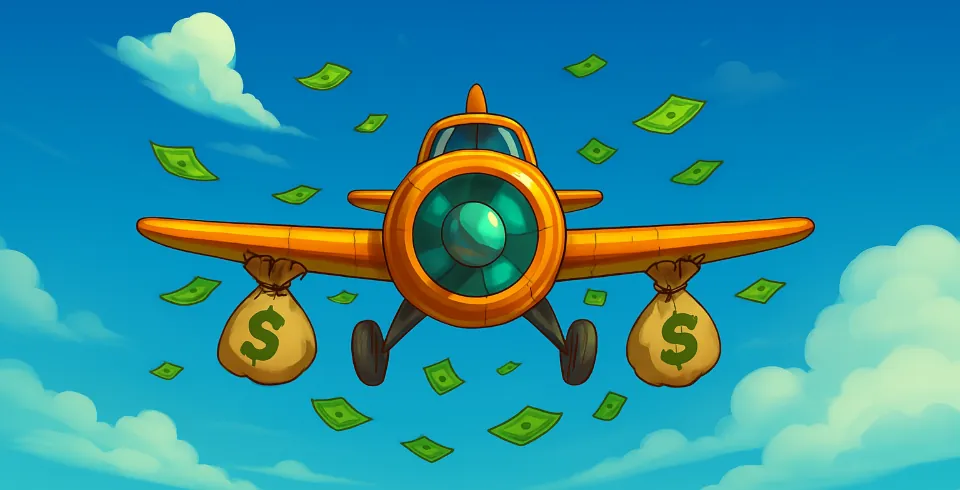 Vliegtuig van Avia Master met geldzakken, geld valt in de lucht