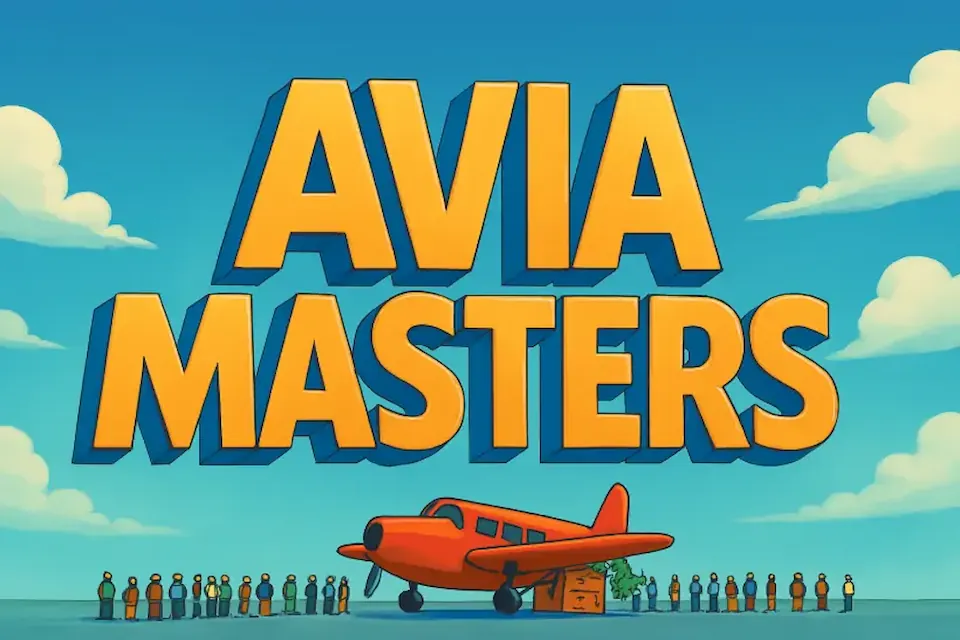 een groot avia-meester bord en een rij mensen bij het vliegtuig met geld